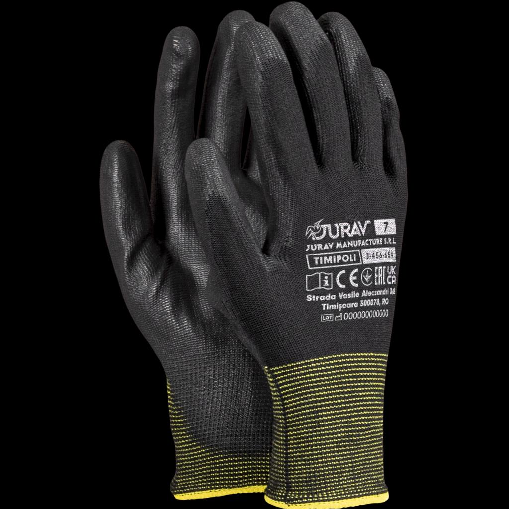 Apsauginės pirštinės su poliuretano danga JURAV TIMIPOLI, tikslumui ir komfortui (120 porų)