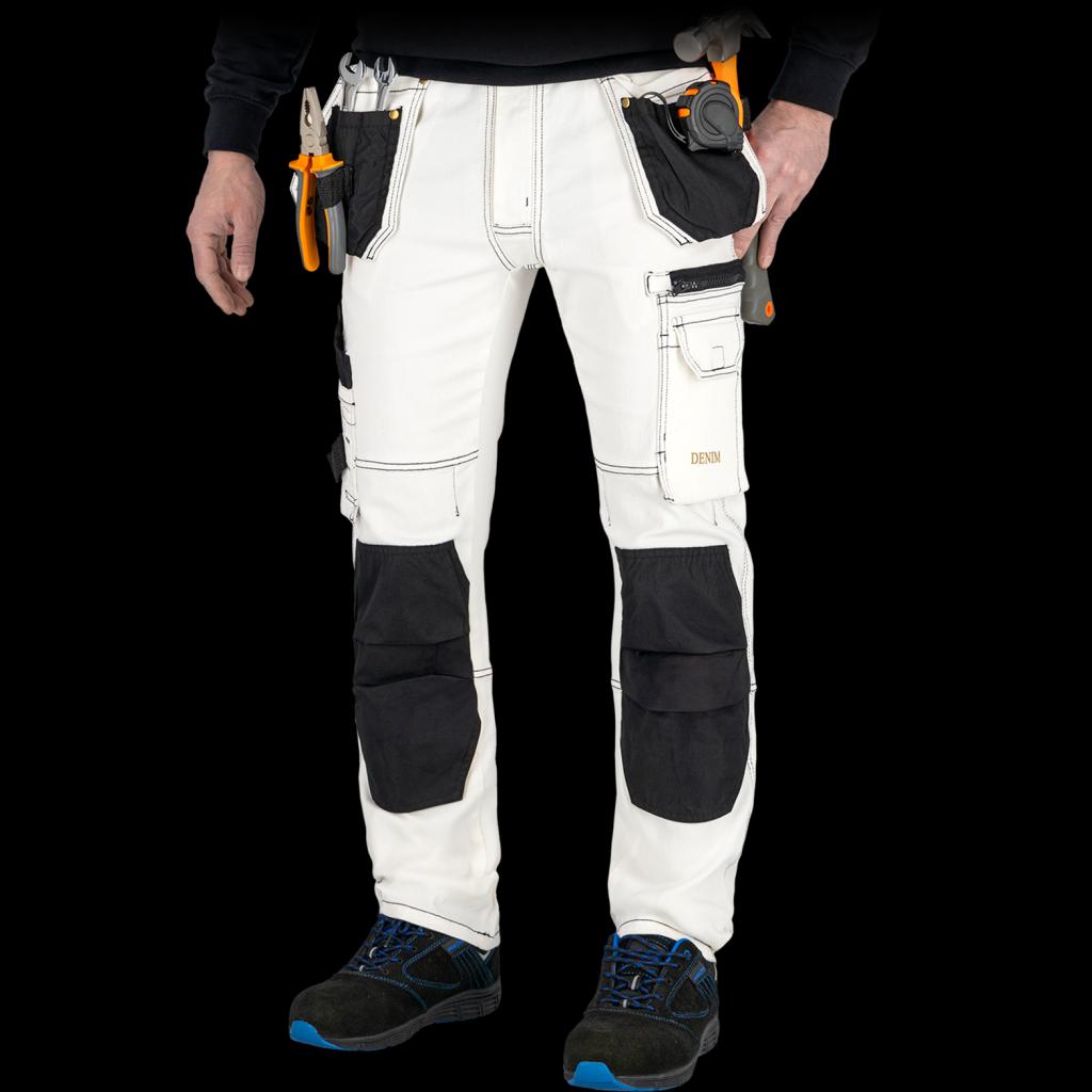 Itin tvirtos ir patogios džinsinės medžiagos darbo kelnės JEANS 415, su kabančiomis kišenėmis, baltos spalvos