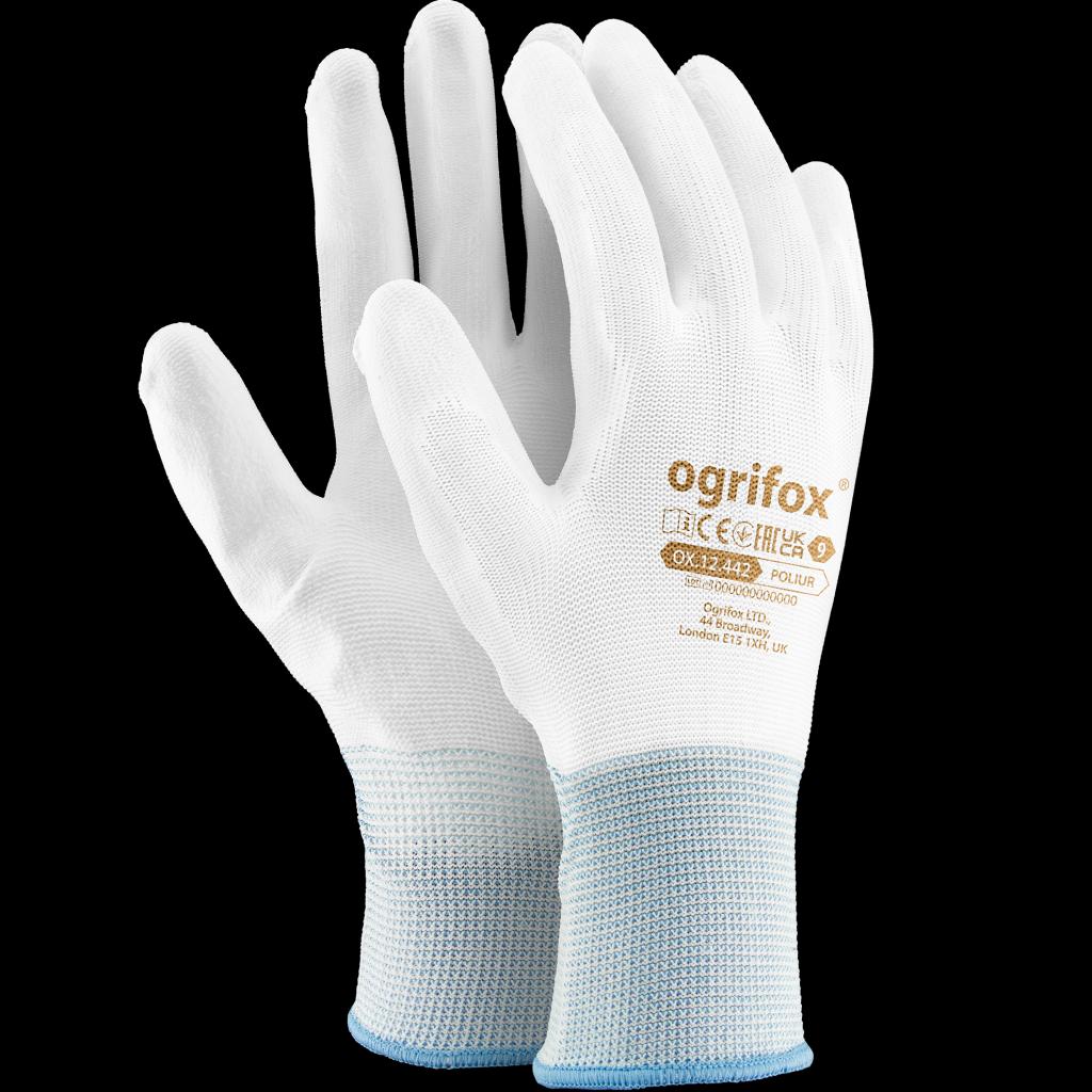 Darbo pirštinės OGRIFOX POLIUR, aplietos poliuretanu, baltos spalvos (12 porų)